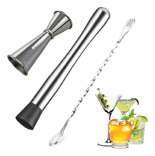 Kit Jigger Cuchara Para Mezclar Muddler Bar Cocteleria Barra