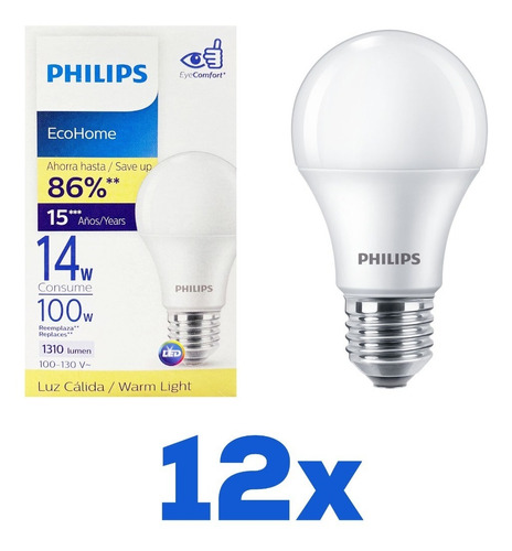 Paquete De 12 Focos 14w Led Philips 3000k Luz Cálida