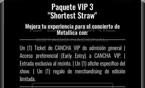 Entradas Metallica Vip Package 3 (shortest Straw)