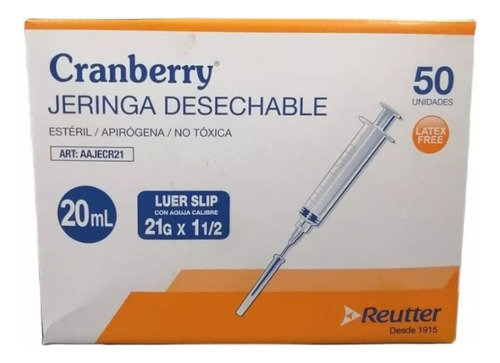 Jeringa Desechable Luer Slip 20ml 21g X 1 1/2 Caja 50 Unid.