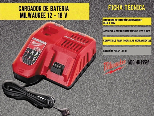 Imagen 3 de 5 de Cargador Rapido De Baterias Milwaukee Compatibilidad M18 M12
