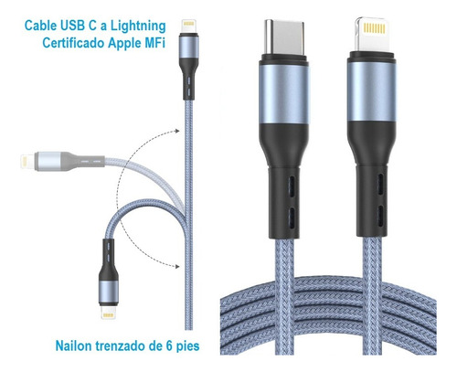 Cable 6 Pies iPhone Certificado Apple Mfi Tipo C A Lightning