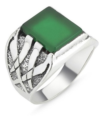 Fino Anillo De Plata .925 Para Hombre Ágata Verde Cuadrado