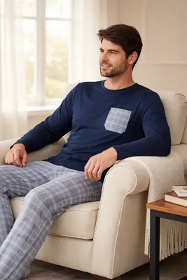 Pijama Masculino Inverno Xadrez De Frio Manga Longa Promoção Azul Marinho Gg