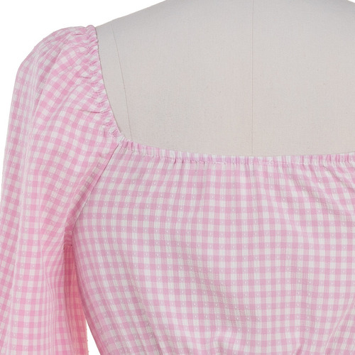 Imagen 6 de 7 de Blusa Corta Manga Larga Peplum Cuadros Botones Romántica.
