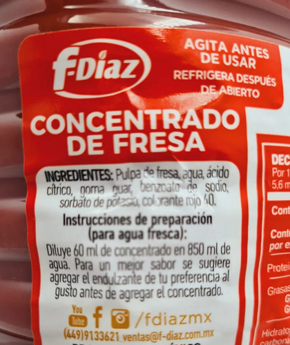 Concentrado De Fresa F-diaz Para Preparar Agua De Fresa 1l