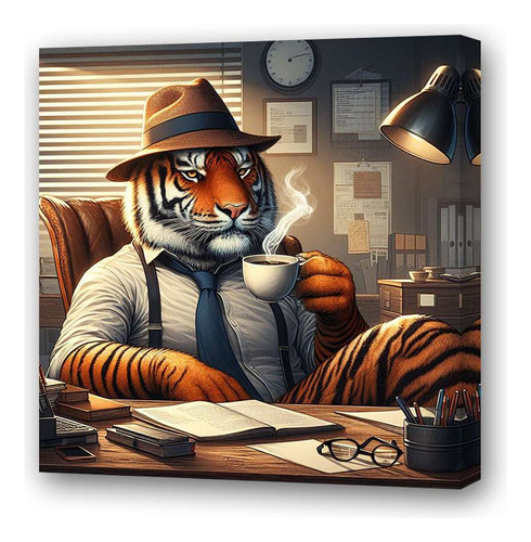 Cuadro 20x20cm Tigre Sentado En La Oficina Investigador