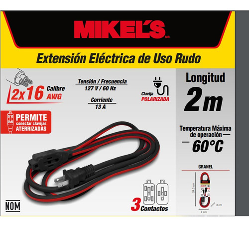 Extensión Eléctrica Uso Rudo 2 Metros Calib 16 Mikels Er-2