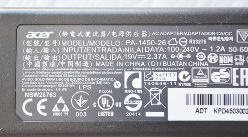 Adaptador De Corriente Acer 45w 19v 2.37a Punta 3mm Original