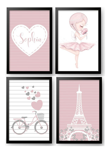 Kit Com 4 Quadros Decorativos Paris Bailarina