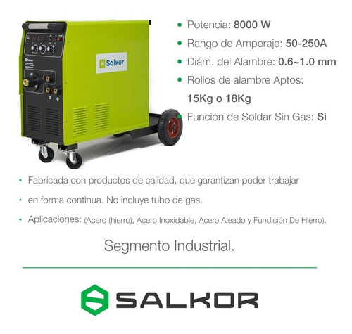 Soldadora Mig Mma 250 Amp Monofásica 220v Ime.9250.2 Salkor Color Verde Frecuencia 50