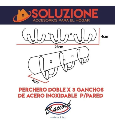 Perchero Triple De Acero Inoxidable Con 2 Ganchos Pared