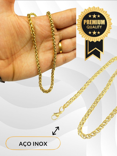 Corrente Masculino 60cm Grossa 5mm Trançada Aço Inox Dourado