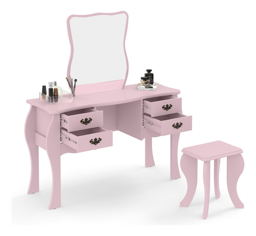 Tocador Camarin Y Banco Maquillador 4 Cajones 100%mdf Rosa