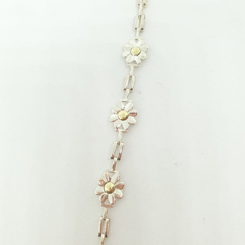 Pulsera Plata Con Oro  Triple Flor Eslabón Alargado B115 