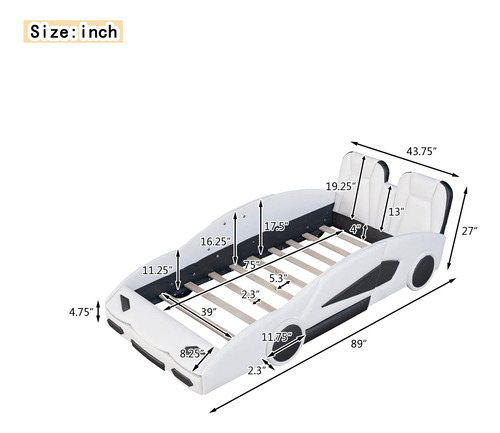 Cama Plataforma Auto Carreras Individual Color Blanco Blanco Nombre Del Diseño