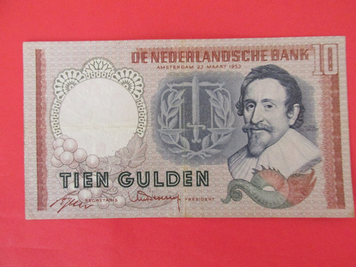 Antiguo Billete Banco De Holanda 10 Gulden Año 1953 Escaso