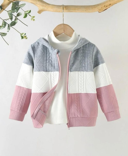 Sweater Con Capucha Para Niña Color Con Gris, Blanco Y Rosa