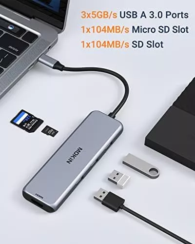 Estación de acoplamiento USB C a adaptador HDMI dual, MOKiN USB C Hub Dual  HDMI Monitores para Windows, adaptador USB C con HDMI dual, 3 puertos USB