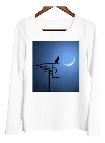 Remera Mujer Ml Animal Gato En Antena Mirando Luna Azul