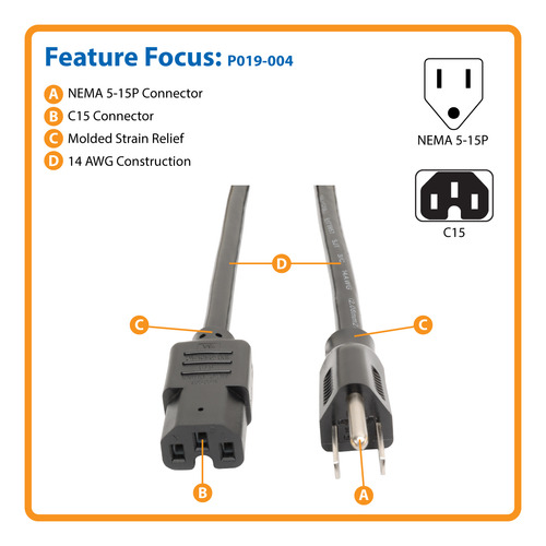 Cable Poder C15 A Nema 5-15p 3x14 Awg 1.8mts