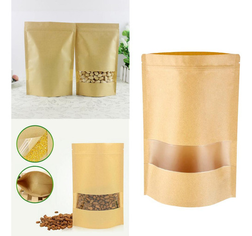 Bolsas De Pie, 50 Bolsas De Kraft Con Ventana 10x15 + 3cm