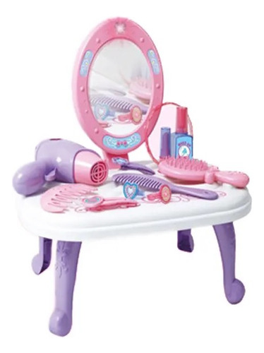 Súper Tocador 2 En 1 Niña Con Luz, Espejo Y Kit De Belleza Rosa