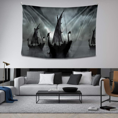 Tapiz Pared Barco Fantasia Vikingo Antiguo Pintura Blanco 59