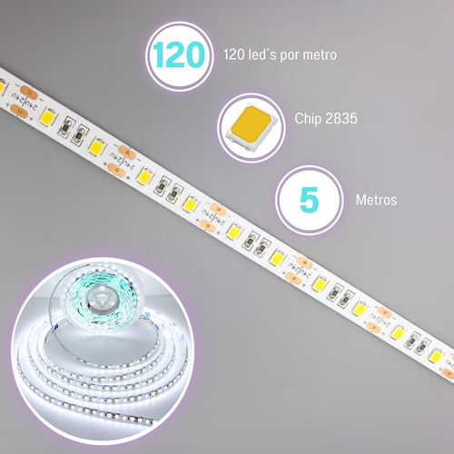 Rollo Led Unicolor Blanco Frío 2835 De 5 Metros 120 Leds Por Metro Recortable Tira De Luces Led Con Alta Intensidad De Brillo Marca Dosyu