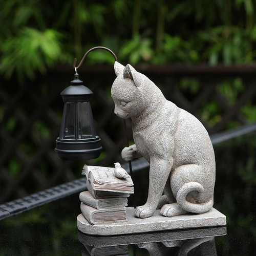 Estatua De Jardín Solar De Gato Con Linterna, Escultura De