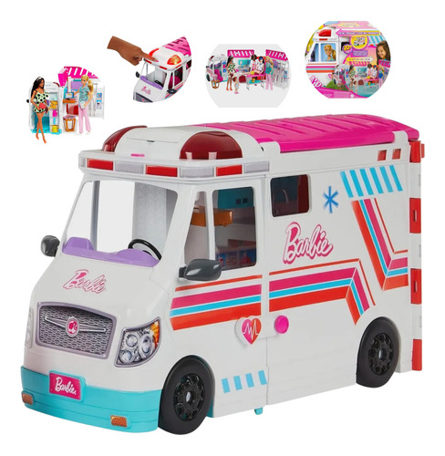 Conjunto Grande Veículo Ambulância Hospital Móvel Da Boneca Barbie Sirene Emite Luz E Som Com Acessórios Mattel Brinquedos HKT79