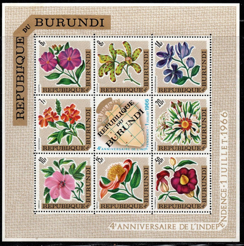 Burundi Bloc X 8 Sellos 4° Aniv. = Flores = Mapa Año 1967 