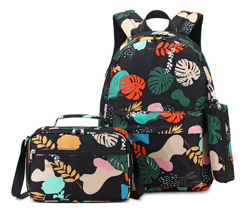 3pcs Kit De Mochila Escolar Con Estampado De Hojas Coloridas