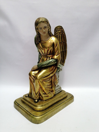 Escultura Antigua Quiteña Angel Guardián Madera Y Laminilla 