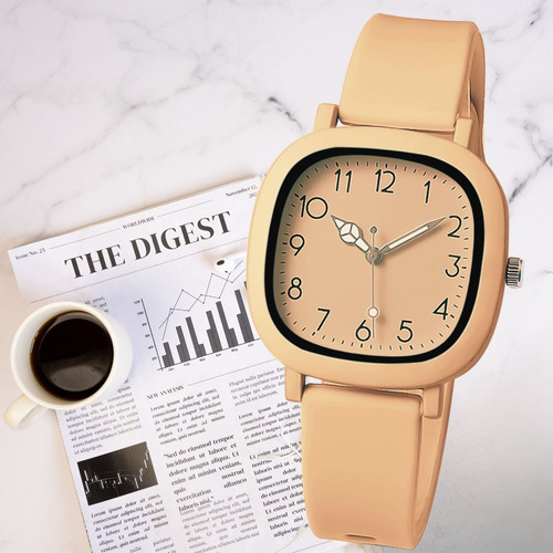 Relógio Feminino Moderno Quartz Cores Sofisticado Fundo Salmão Quadrado Silicone