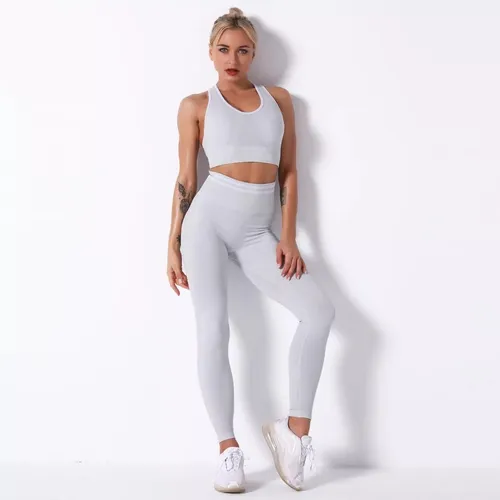 Conjunto Deportivo Lycra Push Up + Crop Top- Gris Ref 5030