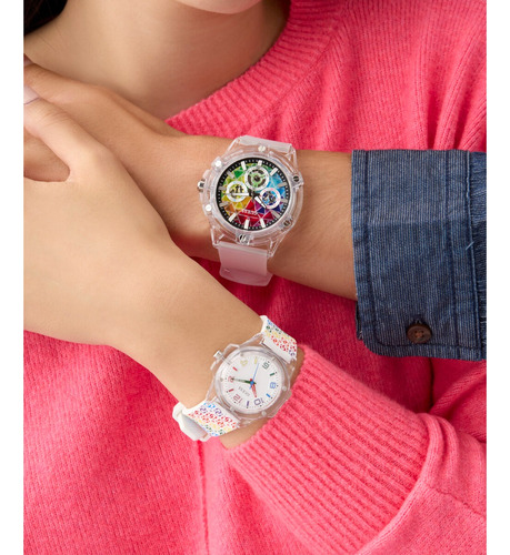 Reloj Guess Mini Hype Mujer Arcoiris Bisel Claro Fondo Blanco