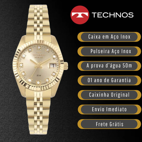 Relógio Technos Feminino Classic Riviera Cristais Dourado