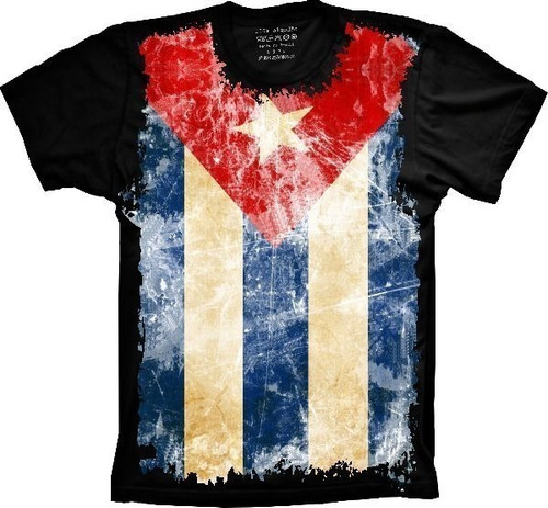 Camiseta Plus Size Unissex Algodão Preta Bandeira Da Cuba