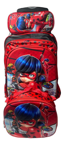 Mochila Con Ruedas Lapicera Y Lonchera Para Niña Liso Rosa