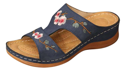 Sandalias De Flores Bordadas Con Tacón De Cuña Para Mujer, M