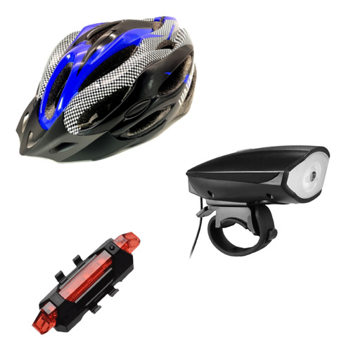 Combo Bike Capacete Lanterna Frontal Buzina + Farol Traseiro