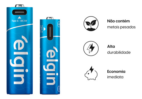 2 Pilhas Recarregável Aa Tipo C Com Cabo 2000mah Elgin