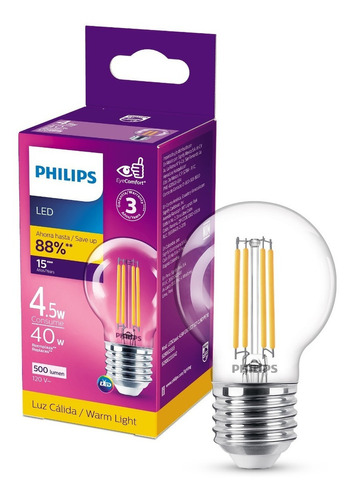 Foco Philips Led Classic Filamento G16.5 E27 Luz Calida 4.5w Color de la luz Blanco cálido