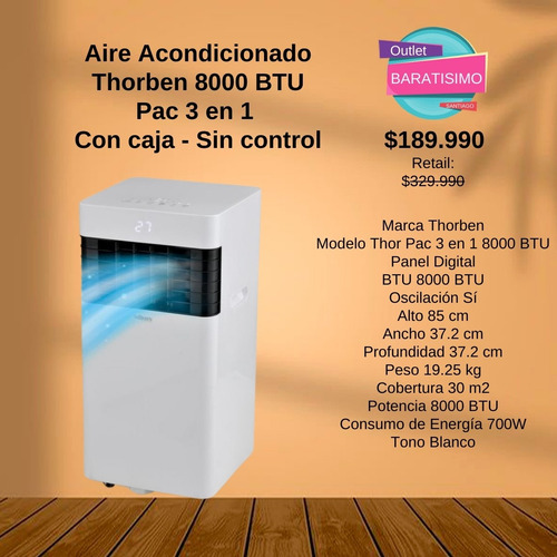 Aire Acondicionado Thorben 8000 Btu Pac 3 En 1 (Usado)