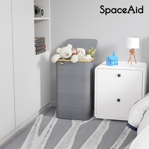 Cesta Lavandería 110l Tapa Asas Bambú Plegable Gris