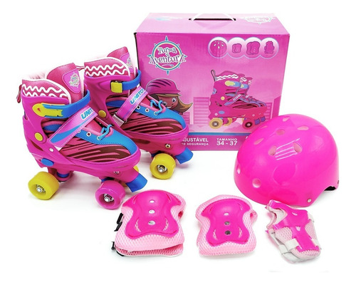 Patins Roller Quad Infantil 30-33 34-37 + Proteção Rosa