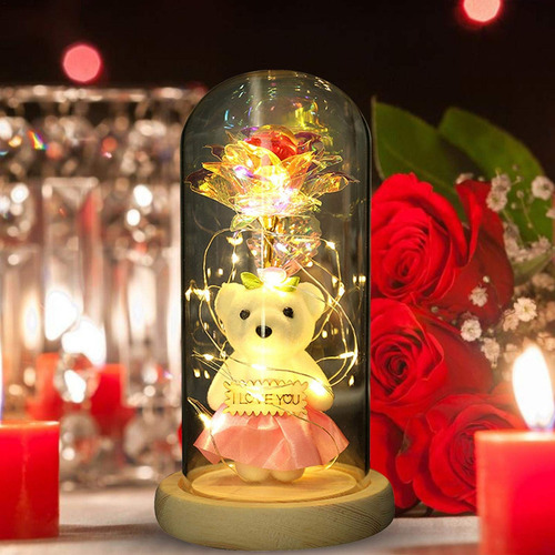 Perfecto Rose De Flor Eterna Con Luces Led Con Osos Color Rosa