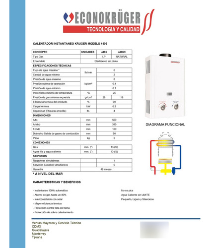 Calentador Instantaneo (boiler) Max 6 Lts Gas Lp 4406 Kruger