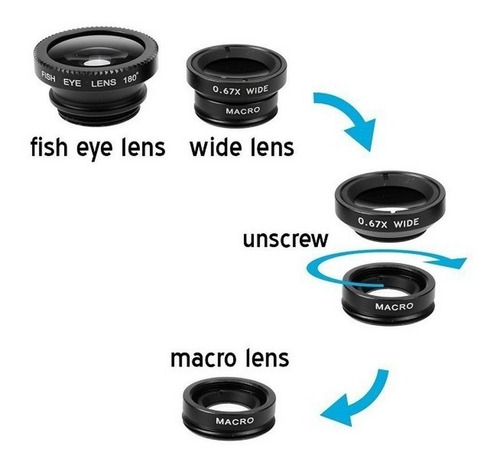 macro/gran angular 2 en 1 con clip universal bolsa de transporte de microfibra Incluye lente ojo de pez Kit 3 en 1 de lente de cámara para smartphone